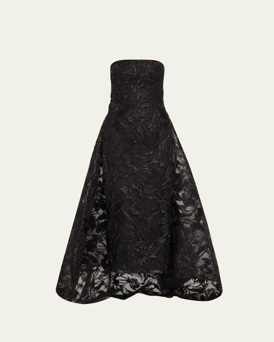 Embroidered Flower Strapless Column Gown With Train